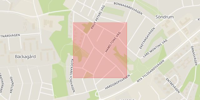 Karta som med röd fyrkant ramar in Eketånga, Gyllenhammars Väg, Halmstad, Hallands län