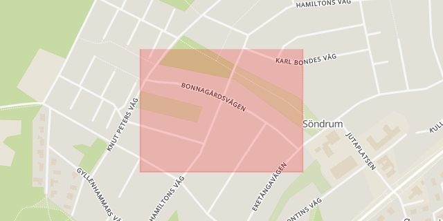 Karta som med röd fyrkant ramar in Halmstad, Bonnagårdsvägen, Hallands län