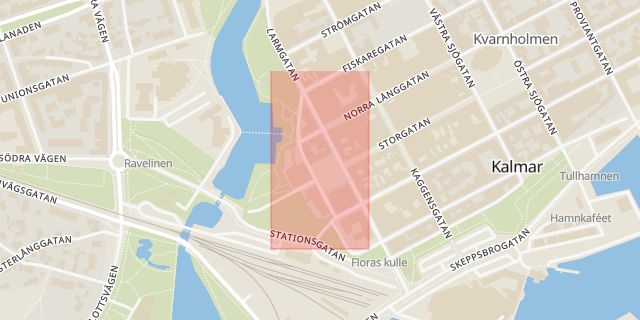 Karta som med röd fyrkant ramar in Västra Vallgatan, Kalmar, Kalmar län