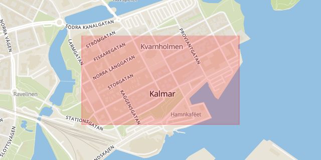 Karta som med röd fyrkant ramar in Södra Långgatan, Kalmar, Kalmar län