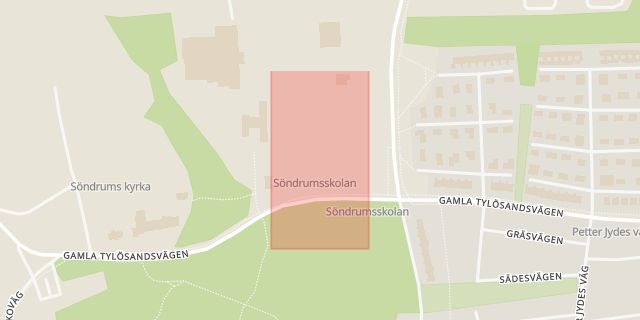 Karta som med röd fyrkant ramar in Halmstad, Söndrumsskolan, Hallands län