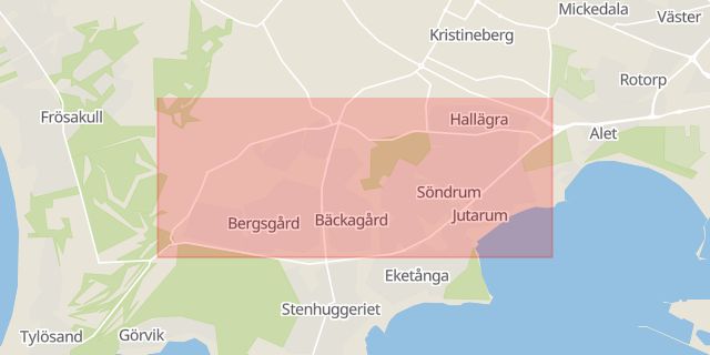 Karta som med röd fyrkant ramar in Halmstad, Gamla Tylösandsvägen, Falkenberg, Lasarettsvägen, Hallands län