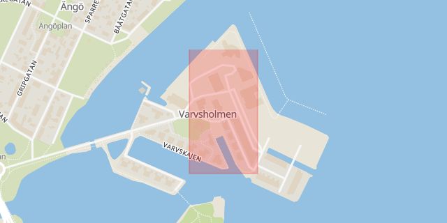 Karta som med röd fyrkant ramar in Varvsholmen, Varvsuddsgatan, Kalmar, Kalmar län