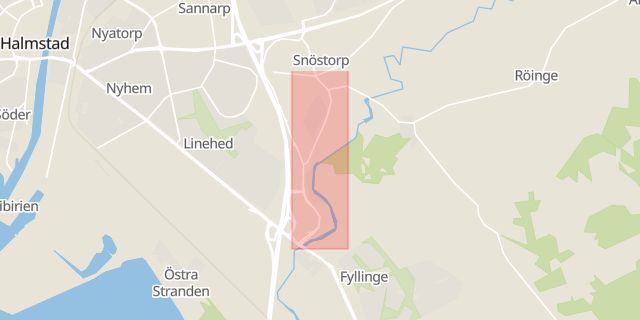 Karta som med röd fyrkant ramar in Halmstad, Prästvägen, Falkenberg, Stenfalksvägen, Hallands län