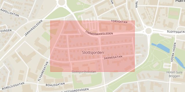 Karta som med röd fyrkant ramar in Halmstad, Hallandsgatan, Hallands län