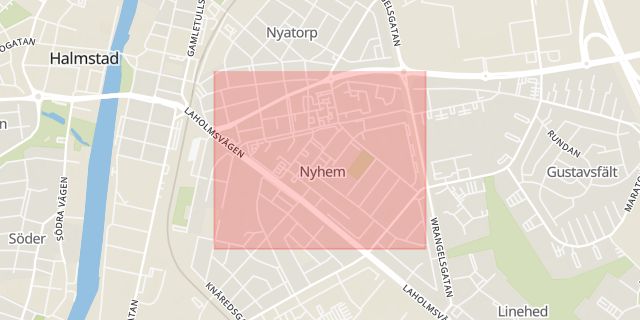 Karta som med röd fyrkant ramar in Halmstad, Nyhem, Hallands län