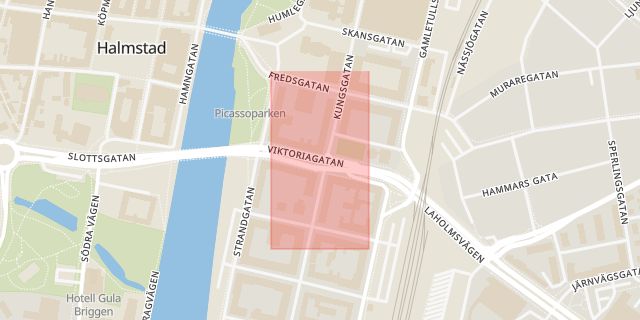 Karta som med röd fyrkant ramar in Halmstad, Viktoriagatan, Stationsgatan, Vallås, Hallands län