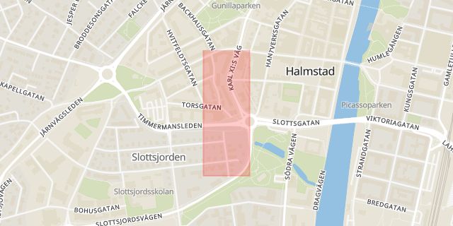 Karta som med röd fyrkant ramar in Halmstad, Barnhemsgatan, Hallands län