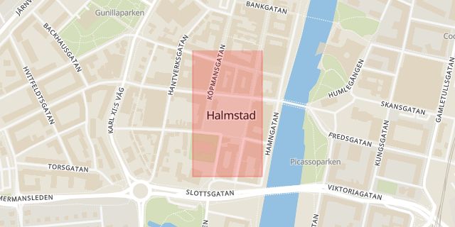 Karta som med röd fyrkant ramar in Stora Torg, Hända, Halmstad, Hallands län