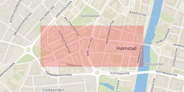 Karta som med röd fyrkant ramar in Brogatan, Halmstad, Hallands län