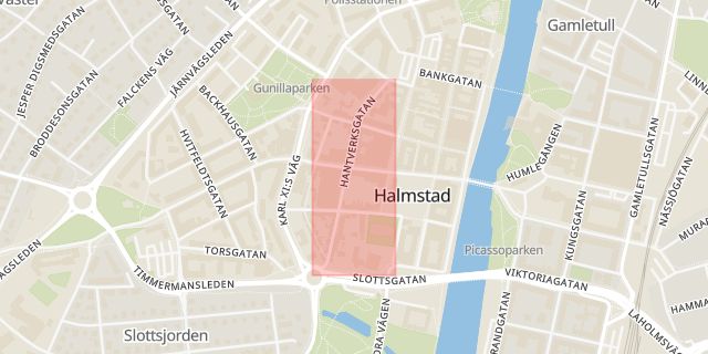 Karta som med röd fyrkant ramar in Hantverksgatan, Halmstad, Hallands län