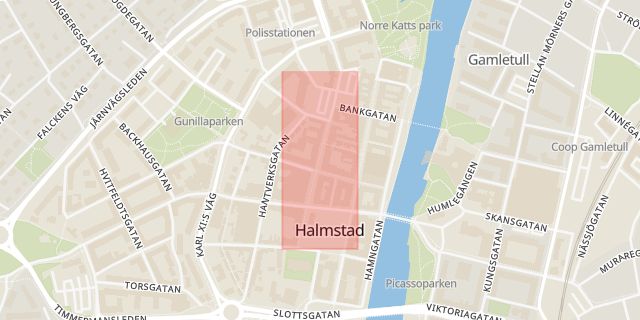 Karta som med röd fyrkant ramar in Halmstad, Köpmansgatan, Hallands län