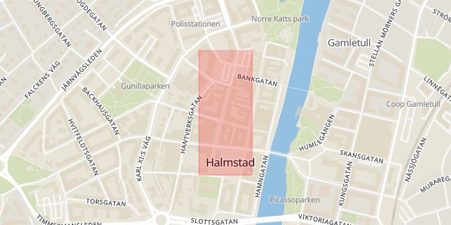 Karta som med röd fyrkant ramar in Köpmansgatan, Hyltegatan, Hallands län