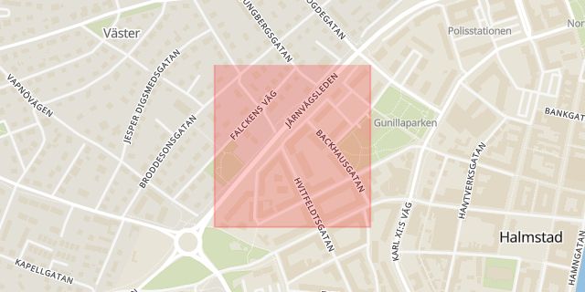 Karta som med röd fyrkant ramar in Nordbanegatan, Halmstad, Hallands län