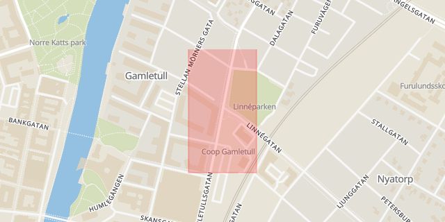 Karta som med röd fyrkant ramar in Gamletullsgatan, Linnégatan, Halmstad, Hallands län