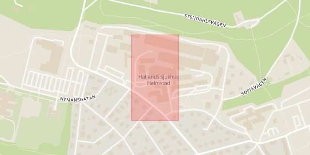 Karta som med röd fyrkant ramar in Hallands Sjukhus Halmstad, Laholm, Markarydsvägen, Hishult, Hallands län