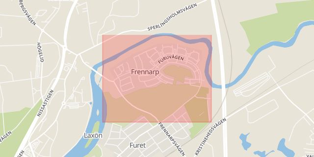 Karta som med röd fyrkant ramar in Halmstad, Frennarp, Hallands län
