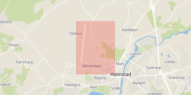 Karta som med röd fyrkant ramar in Halmstad, Mickedala, Hallands län