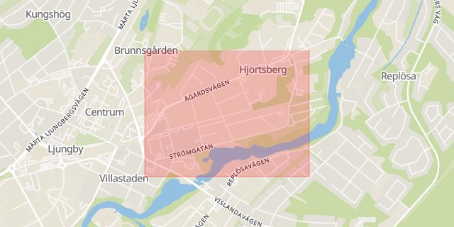 Karta som med röd fyrkant ramar in Strömgatan, Ljungby, Kronobergs län