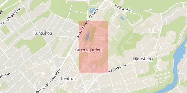 Karta som med röd fyrkant ramar in Harabergsgatan, Ljungby, Kronobergs län