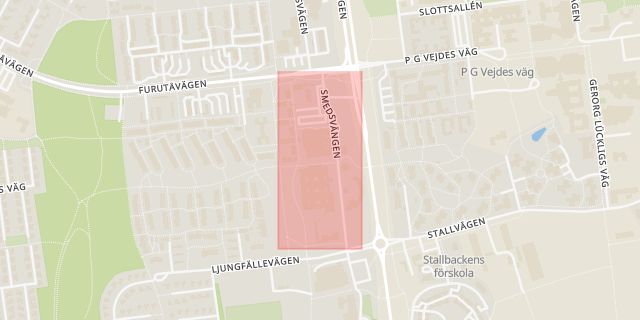 Karta som med röd fyrkant ramar in Teleborg, Smedsvängen, Växjö, Kronobergs län