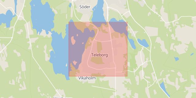 Karta som med röd fyrkant ramar in Teleborg, Växjö, Kronobergs län