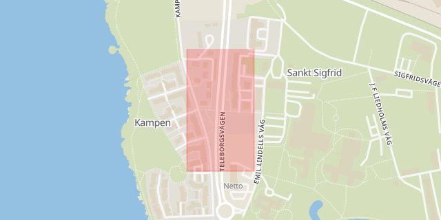 Karta som med röd fyrkant ramar in Kampen, Växjö, Kronobergs län