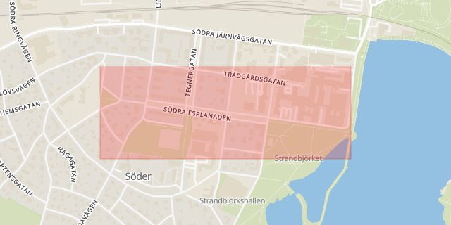 Karta som med röd fyrkant ramar in Södra Esplanaden, Växjö, Kronobergs län