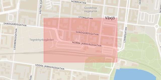 Karta som med röd fyrkant ramar in Norra Järnvägsgatan, Växjö, Kronobergs län