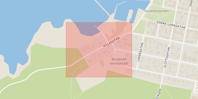 Karta som med röd fyrkant ramar in Villagatan, Borgholm, Kalmar län