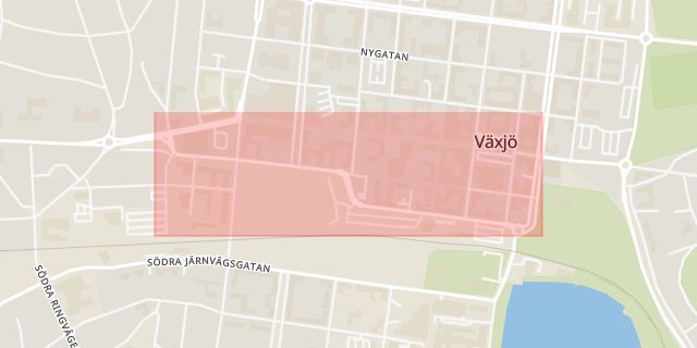 Karta som med röd fyrkant ramar in Sandgärdsgatan, Växjö, Kronobergs län