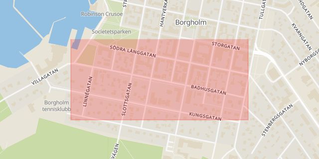 Karta som med röd fyrkant ramar in Badhusgatan, Borgholm, Kalmar län