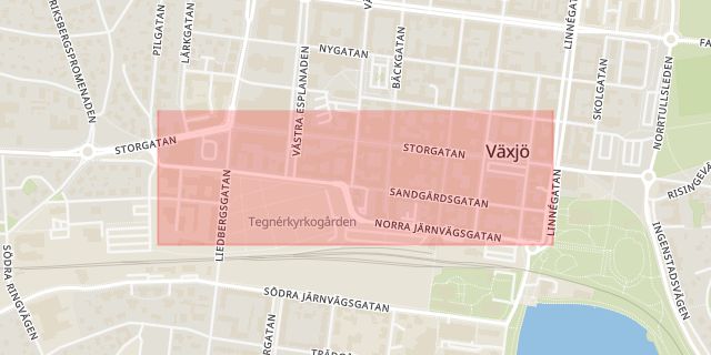 Karta som med röd fyrkant ramar in Sandgärdsgatan, Växjö, Kronobergs län