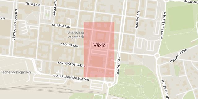Karta som med röd fyrkant ramar in Stortorget, Växjö, Kronobergs län