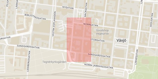 Karta som med röd fyrkant ramar in Storgatan, Arabygatan, Växjö, Kronobergs län