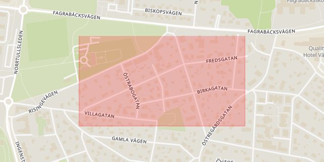 Karta som med röd fyrkant ramar in Fredsgatan, Växjö, Kronobergs län