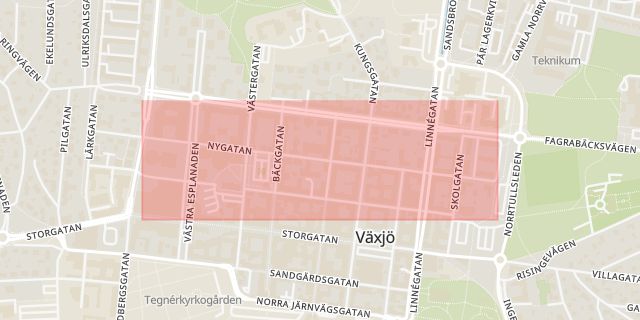 Karta som med röd fyrkant ramar in Nygatan, Växjö, Kronobergs län