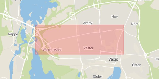 Karta som med röd fyrkant ramar in Mörners Väg, Växjö, Kronobergs län
