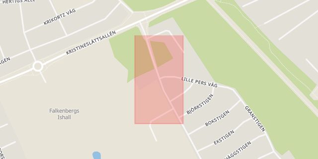Karta som med röd fyrkant ramar in Falkenberg, Lille Pers Väg, Skogsvägen, Hallands län