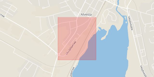 Karta som med röd fyrkant ramar in Lillsjögatan, Alvesta, Kronobergs län