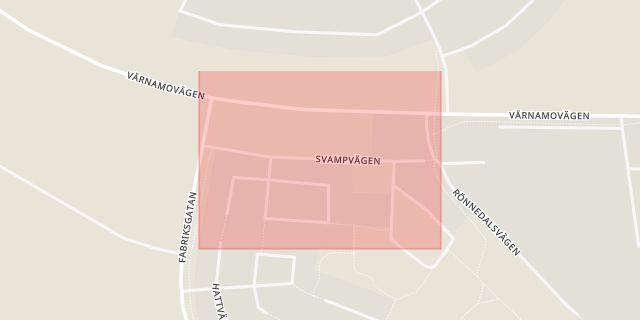 Karta som med röd fyrkant ramar in Svampvägen, Alvesta, Kronobergs län