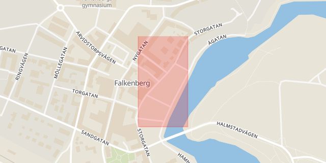 Karta som med röd fyrkant ramar in Falkenberg, Värdshuset Hwitan, Storgatan, Hallands län