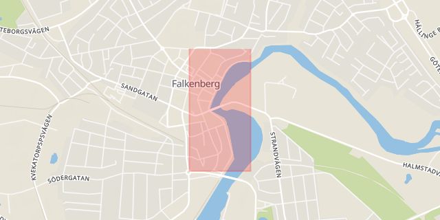 Karta som med röd fyrkant ramar in Storgatan, Falkenberg, Torup, Hylte, Anneberg, Kungsbacka, Hallands län