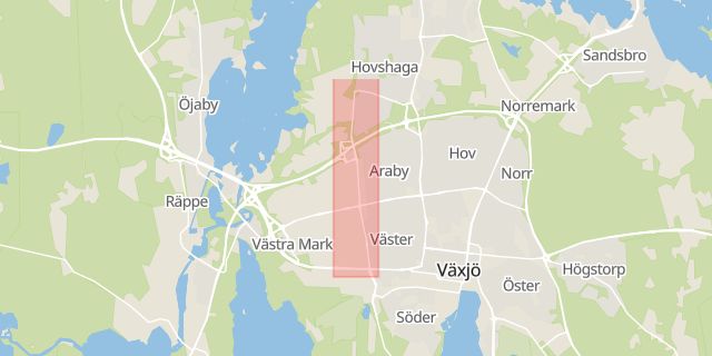Karta som med röd fyrkant ramar in Araby, Arabygatan, Växjö, Kronobergs län