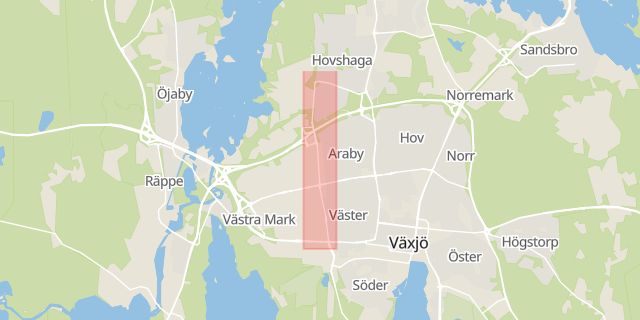 Karta som med röd fyrkant ramar in Arabygatan, Växjö, Kronobergs län