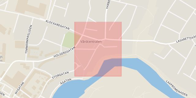 Karta som med röd fyrkant ramar in Urmakaregatan, Lasarettsvägen, Stafsinge, Glaspärlevägen, Falkenberg, Hallands län