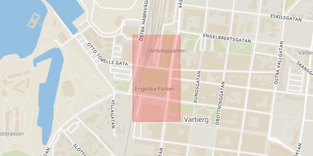 Karta som med röd fyrkant ramar in Eskilsgatan, Engelska Parken, Varberg, Hallands län