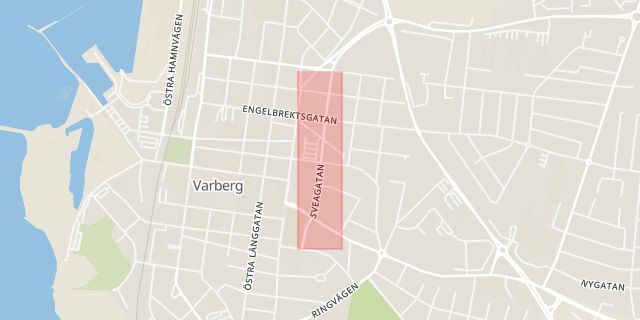 Karta som med röd fyrkant ramar in Varberg, Sveagatan, Halmstad, Träslövsläge, Hallands län