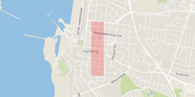 Karta som med röd fyrkant ramar in Drottninggatan, Varberg, Hallands län