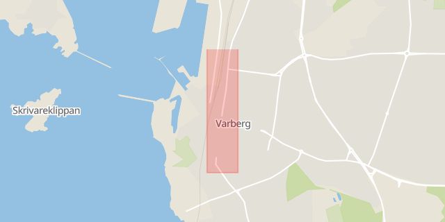 Karta som med röd fyrkant ramar in Västra Vallgatan, Varberg, Hallands län